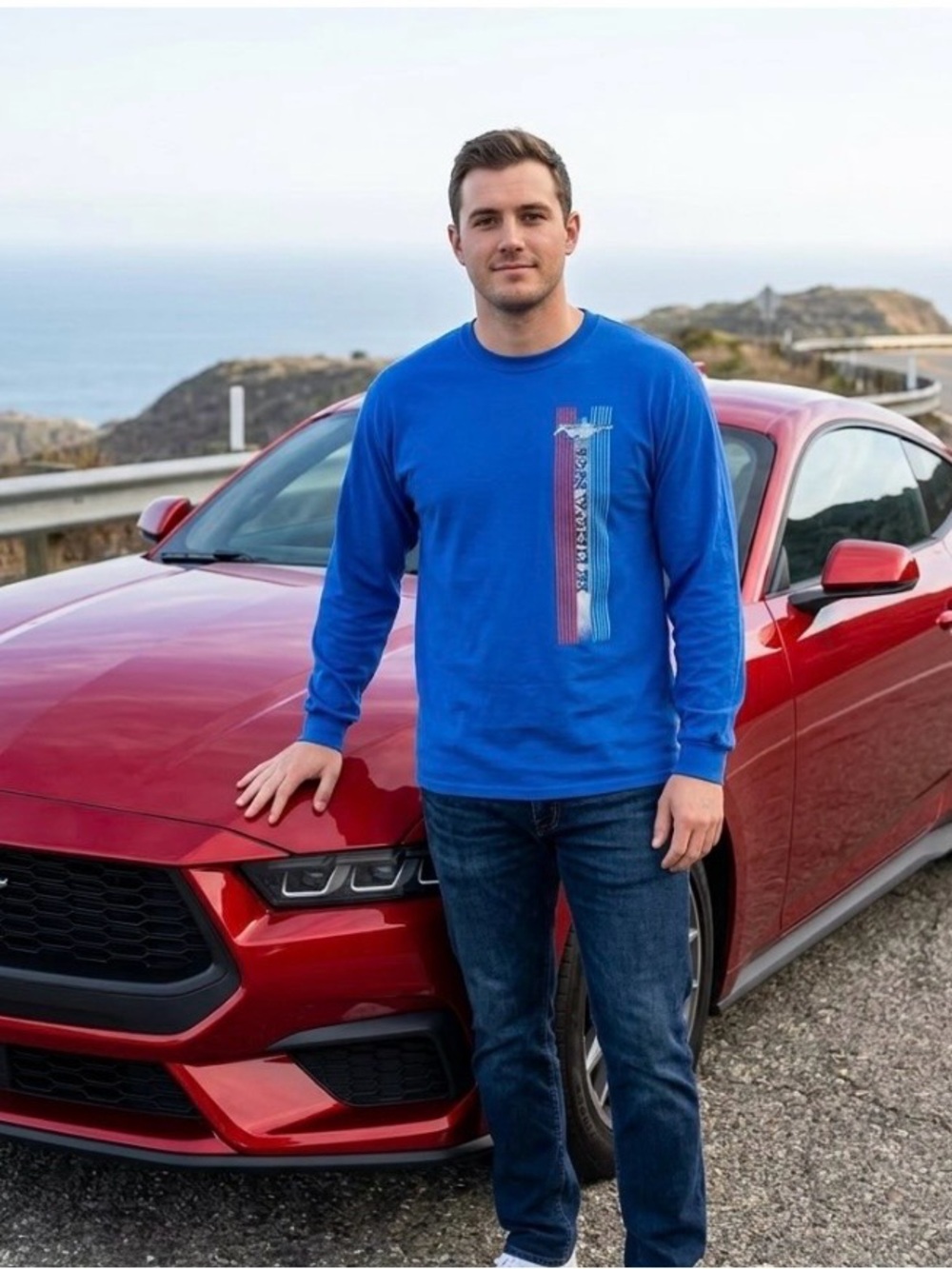🖤Men's Royal Blue Long-Sleeve Mustang Graphic Shirt Size L